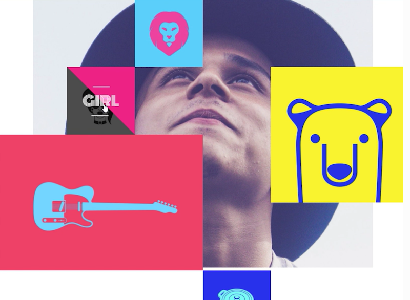 Colagem com homem usando chapéu olhando para cima, cercado por blocos com ícones simples (leão, guitarra, urso e desenhos animados) em cores vívidas.