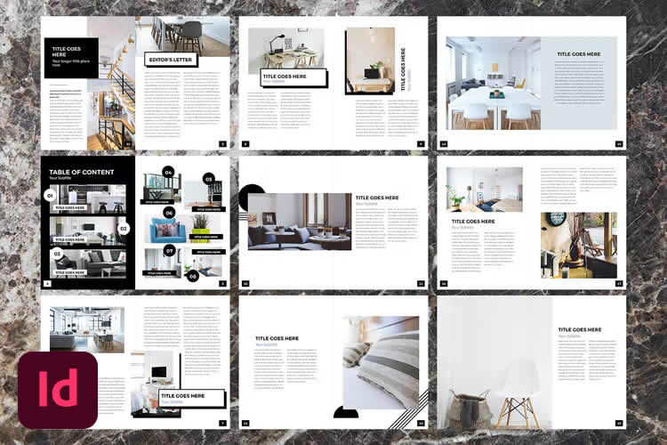 Layout de várias páginas de uma revista de design de interiores mostradas sobre um fundo de mármore, com o ícone do Adobe InDesign no canto.