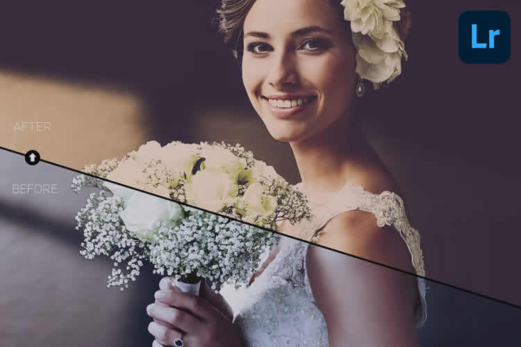 Noiva sorridente segurando buquê, metade da foto com filtro antes e depois. Edição em software indicado no canto superior direito.