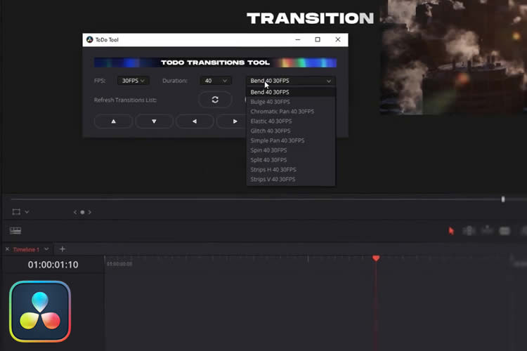 Interface de software de edição de vídeo mostrando um painel de ferramentas de transição com opções de FPS e duração, sobreposto a uma timeline de vídeo.
