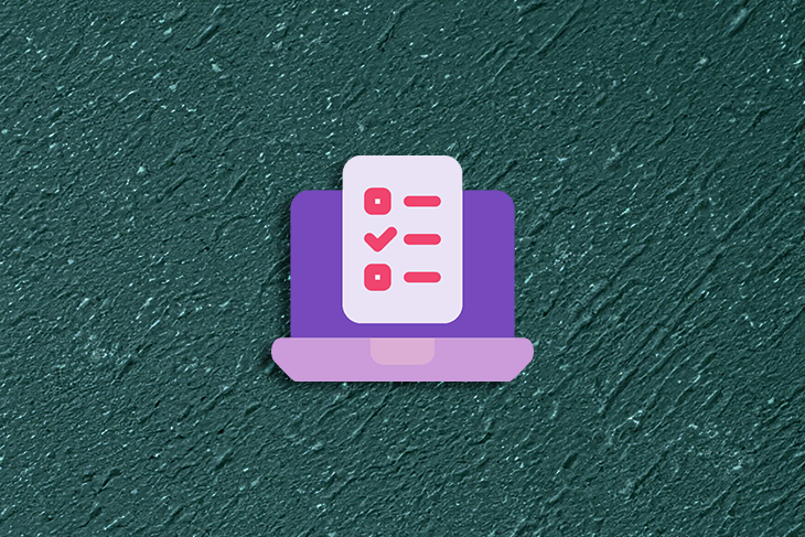 Ícone de um laptop roxo sobre fundo texturizado verde escuro, com tela exibindo uma lista de tarefas com marcadores de verificação vermelhos.