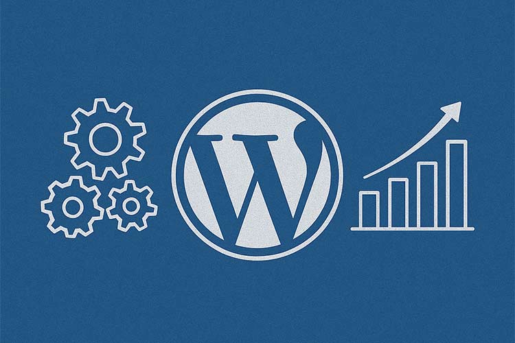 Imagem com fundo azul exibindo três ícones brancos: engrenagens à esquerda, o logotipo do WordPress ao centro e um gráfico ascendente à direita.