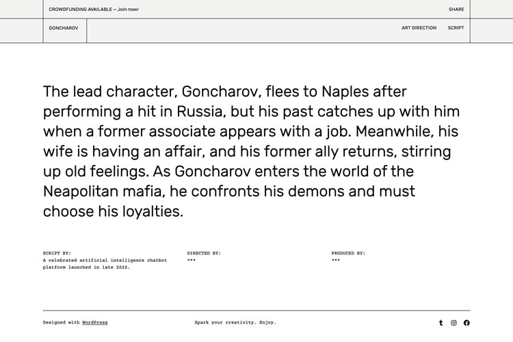 Tela de computador mostrando uma página da web com texto descrevendo o enredo de um filme chamado Goncharov, detalhes de script e produção abaixo. Layout simples em branco.