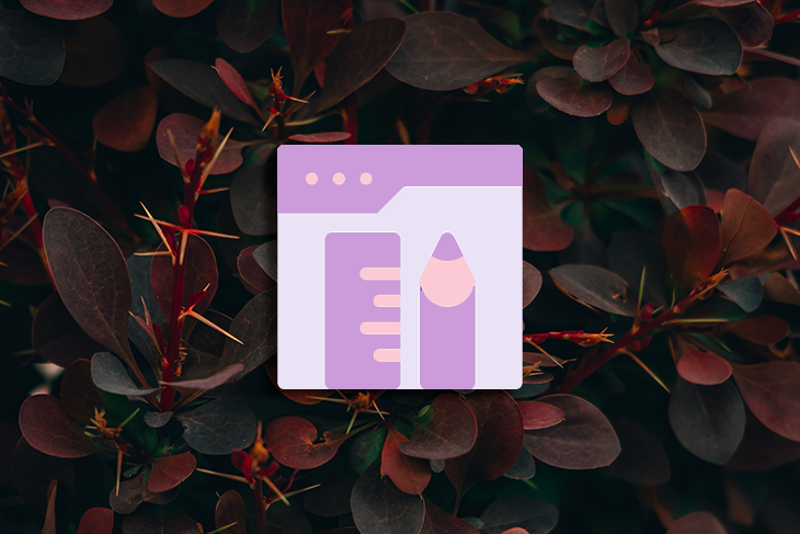 Ícone de um documento e lápis roxo sobre um fundo de folhas vermelho-escuras.