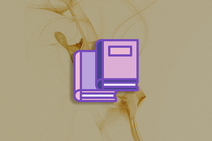 Ícone de livros roxos sobre fundo bege com padrões abstratos de fumaça em tons de marrom e dourado.
