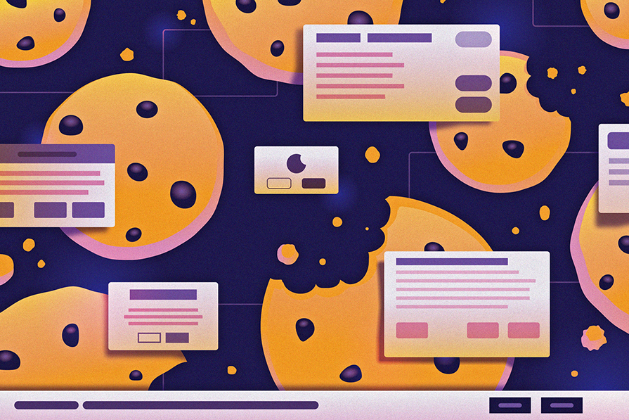 Ilustração abstrata com círculos laranja e cartões de interface de usuário flutuantes em um fundo roxo texturizado.