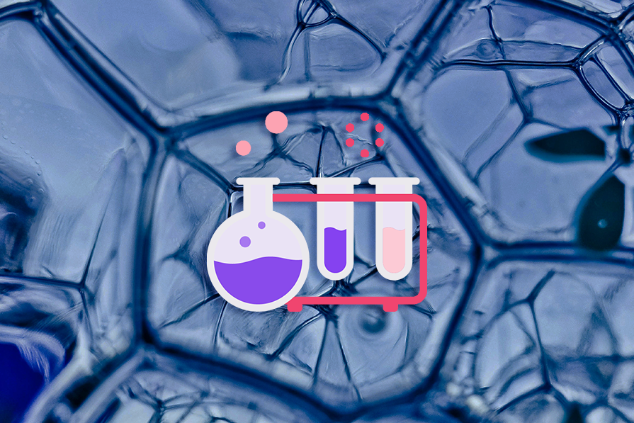 Um ícone de frascos de laboratório transparentes é sobreposto a um fundo abstrato azulado e texturizado que lembra estruturas moleculares ou células.