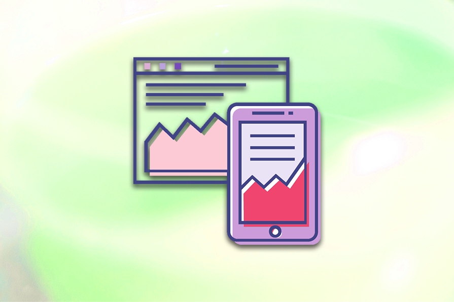 Ilustração de um smartphone vertical e um monitor de computador, ambos exibindo gráficos e dados, sobre um fundo verde claro.
