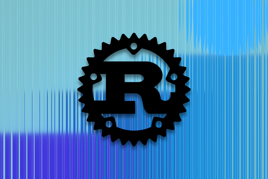 Logotipo preto da letra R em forma de engrenagem sobre um fundo degradê azul com linhas verticais que se assemelham a um código de barras.