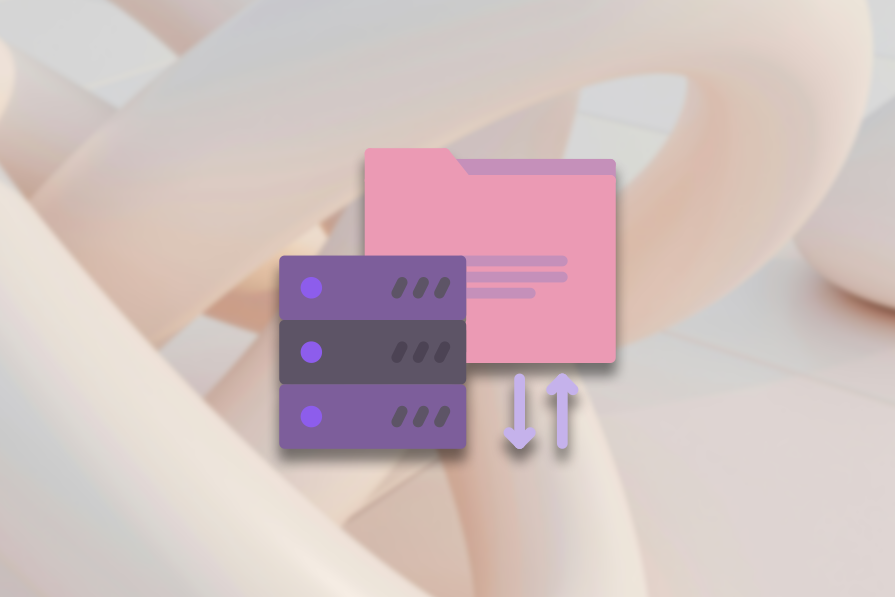 Ícones de uma pasta rosa e de um servidor violeta com setas brancas apontando entre eles, sobre um fundo abstrato e suave.