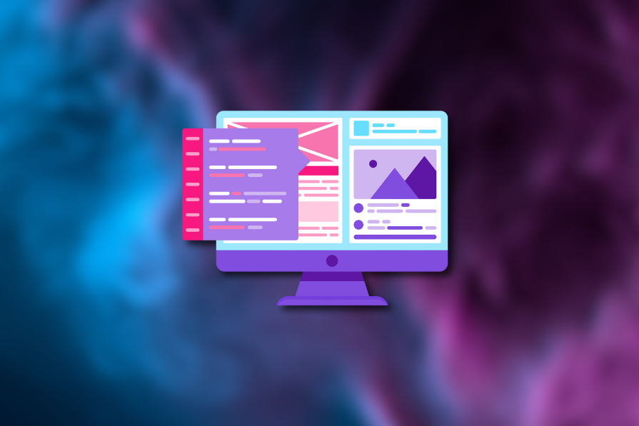 Monitor de computador exibindo gráficos e interfaces de usuário em um fundo abstrato azul e roxo.