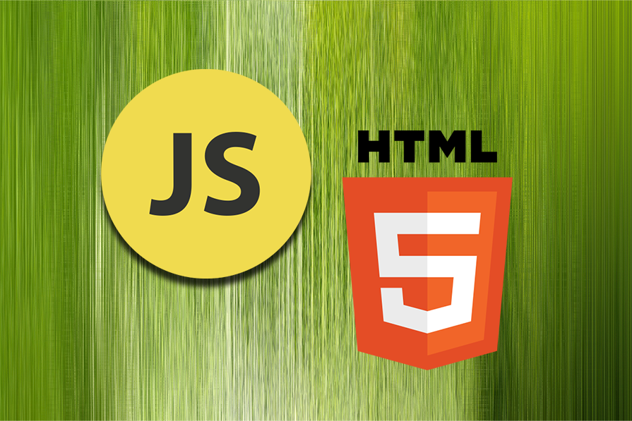 Logotipos de JavaScript e HTML5 em um fundo texturizado verde que imita grama.