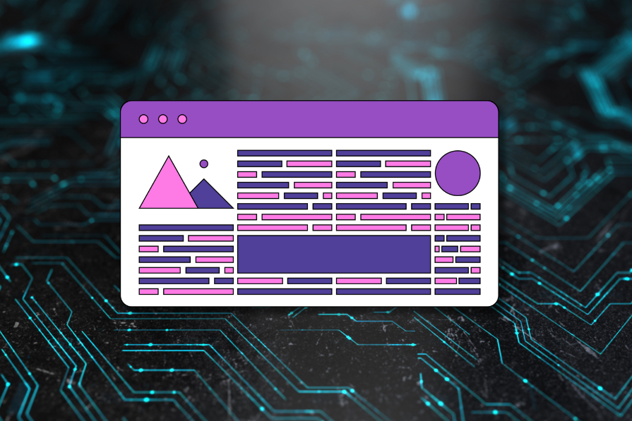 Ícone estilizado de navegador web em roxo com layout de página da web sobre fundo eletrônico azul com circuitos.