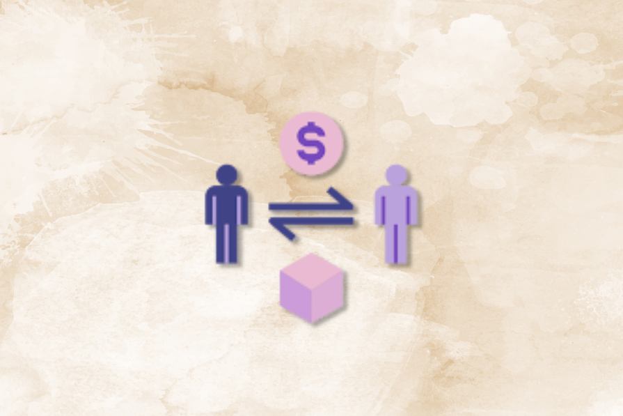 Duas figuras humanas estilizadas roxas, uma de cada lado de um cubo roxo, com setas e um ícone de dólar indicando uma transação em fundo manchado bege.