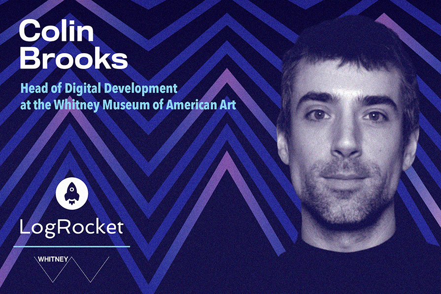 Cartaz com padrões geométricos em tons de azul, apresentando Colin Brooks, Chefe de Desenvolvimento Digital no Museu Whitney de Arte Americana.