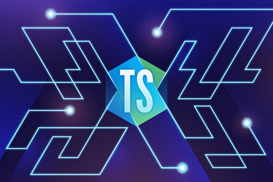 Logotipo do TypeScript (TS) em azul e verde, rodeado por um padrão geométrico de linhas em ziguezague azul neon sobre fundo roxo escuro.