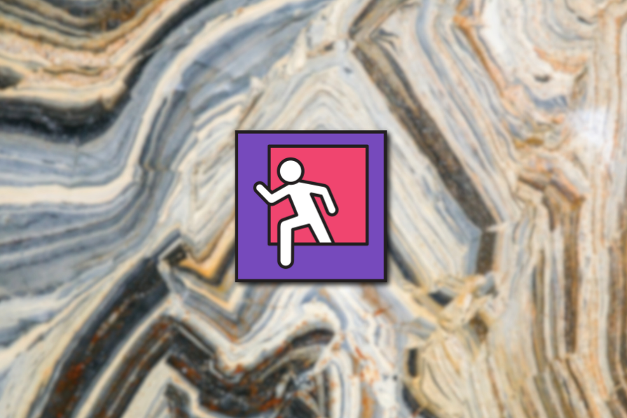 Ícone de saída de emergência com figura humana branca sobre fundo roxo e vermelho, sobre fundo desfocado que simula mármore.