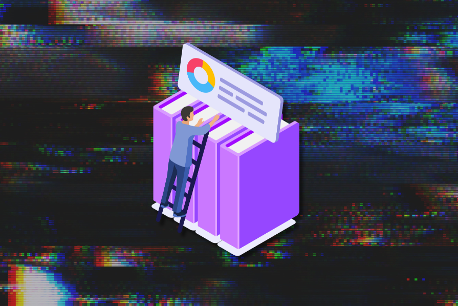 Ilustração digital de uma pessoa subindo em uma escada para alcançar uma caixa roxa gigante, segurando um web browser simbólico, sobre um fundo pixelizado e colorido.