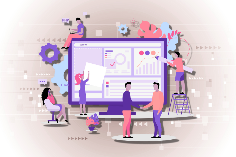 Ilustração de cinco pessoas interagindo em um ambiente de escritório digital, com foco em um grande monitor exibindo gráficos e dados.