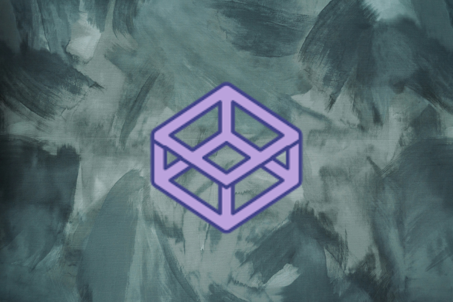 Fundo abstrato em tons de cinza com um logotipo cúbico roxo em sobreposição central.
