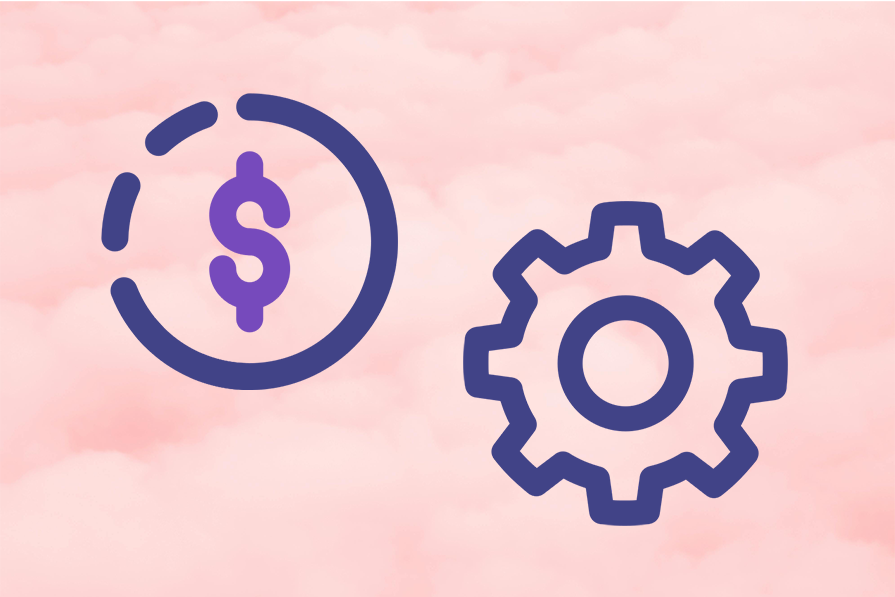 Ícones roxos de uma engrenagem e de um círculo com um símbolo de dólar em fundo rosa com textura de nuvem.