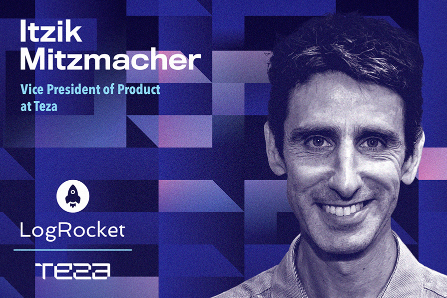 Retrato de Itzik Mitzmacher, Vice-Presidente de Produto na Teza, com fundo geométrico azul, mostrando o logo da LogRocket.