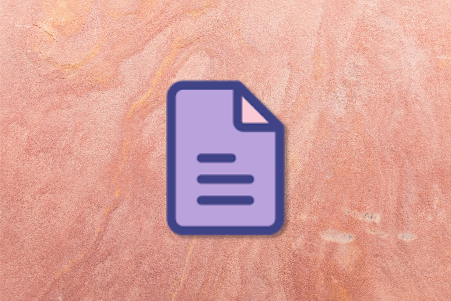 Ícone de documento roxo sobre fundo texturizado de tons rosados e alaranjados, simulando uma superfície de pedra.