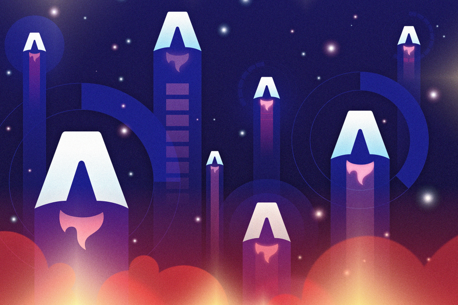 Ilustração de foguetes estilizados como lápis, decolando entre nuvens em um fundo noturno estrelado, usando tons de roxo e azul.