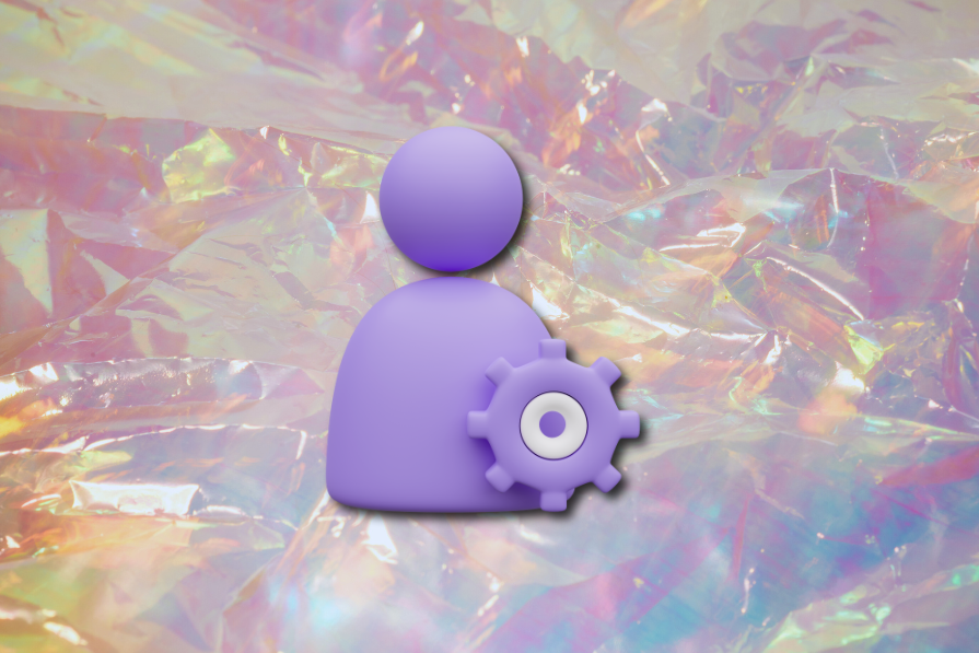 Ícone de usuário roxo com engrenagem sobre fundo holográfico iridescente.