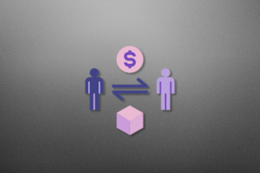 Dois ícones de pessoas em lados opostos, representando um homem e uma mulher, com setas e um ícone de dólar entre eles, simbolizando transação financeira, e um cubo rosa na frente.
