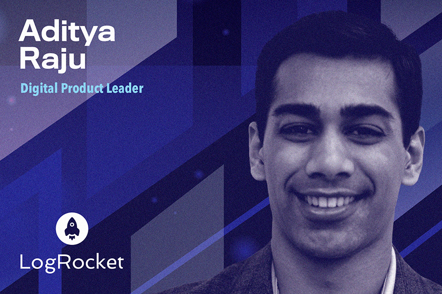 Retrato de Aditya Raju, intitulado como Líder de Produto Digital, em design gráfico geométrico azul com logo da LogRocket.