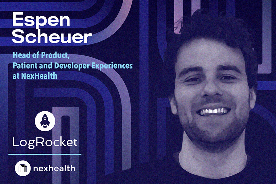 Imagem de um homem sorridente com fundo azul e detalhes gráficos, acompanhado de texto que identifica Espen Scheuer, Head of Product na NexHealth, focado em experiências de pacientes e desenvolvedores.