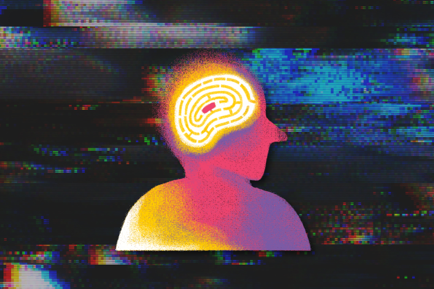 Silhueta de perfil humano com um ícone de impressão digital na cabeça, sobre um fundo de ruído digital colorido.