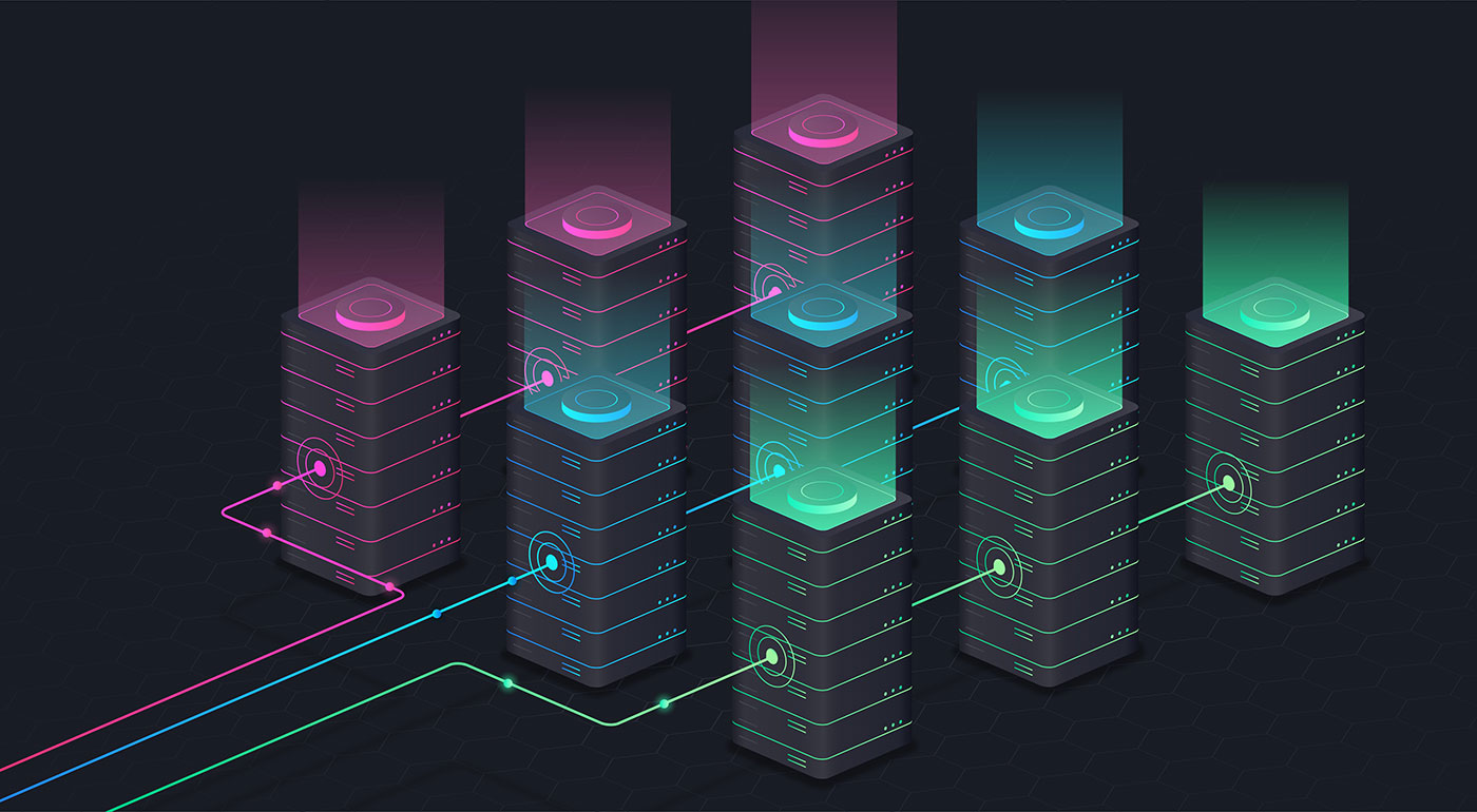 Ilustração de seis torres de servidor com luzes neon em uma grade escura, conectadas por linhas coloridas de dados fluindo entre elas.