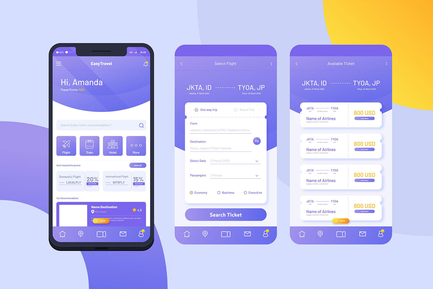 Três telas de smartphone exibindo um aplicativo de viagens em tons de roxo. A primeira tela mostra a interface inicial de boas-vindas com opções de busca, a segunda para seleção de voos e a terceira lista tickets disponíveis.