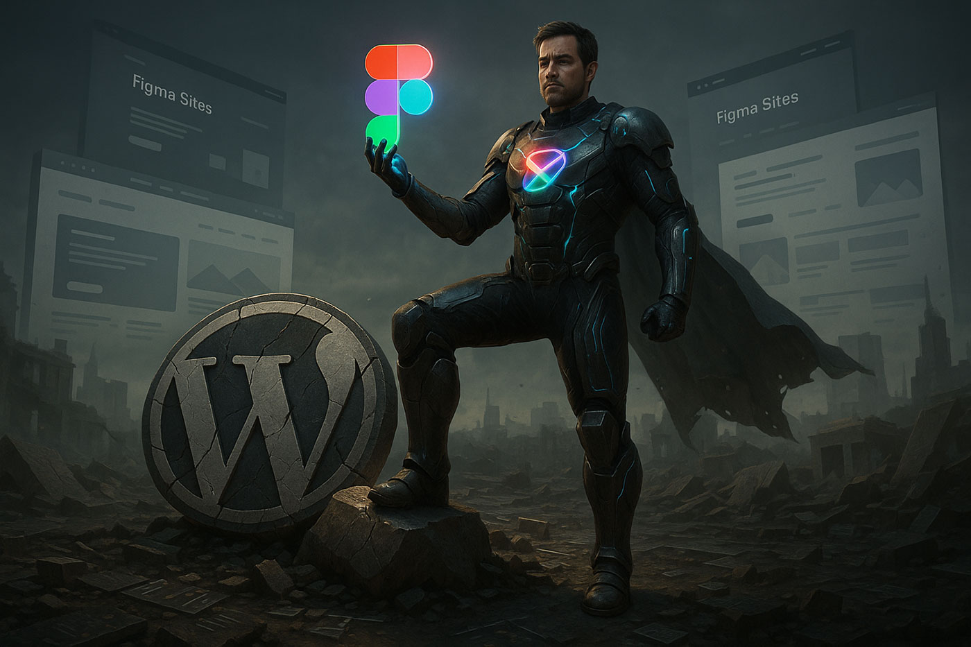 Homem em traje futurista segura um símbolo colorido com logotipos de WordPress e Figma ao fundo entre ruínas.
