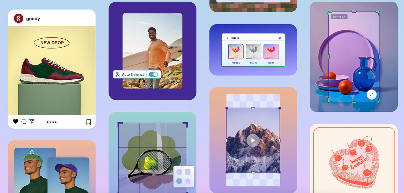 Colagem com interfaces de aplicativos mostrando produtos, edição de foto e posts sociais, incluindo tênis, homem sorrindo, filtros de foto e objetos decorativos.