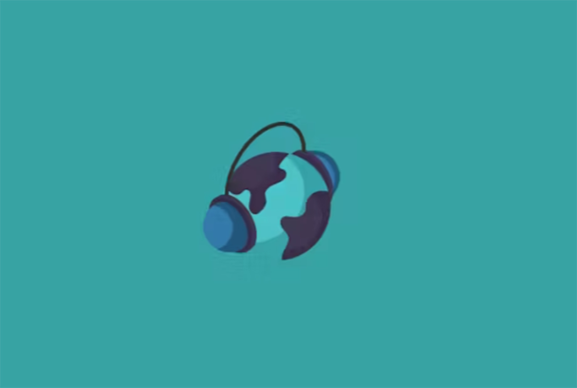 Ícone estilizado de um globo terrestre azul com um fone de ouvido, sobre um fundo azul-turquesa.