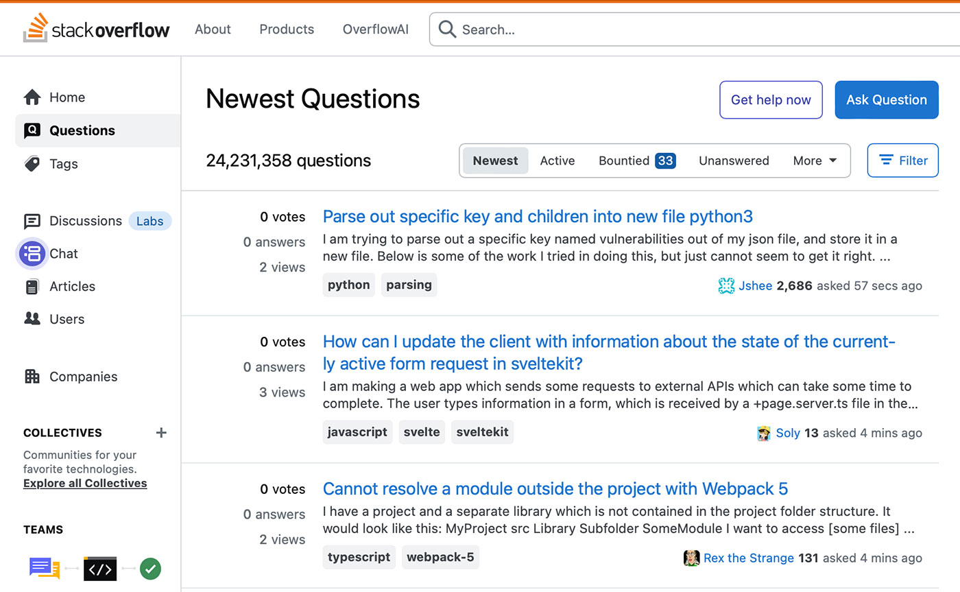 Captura de tela do site Stack Overflow mostrando a página de