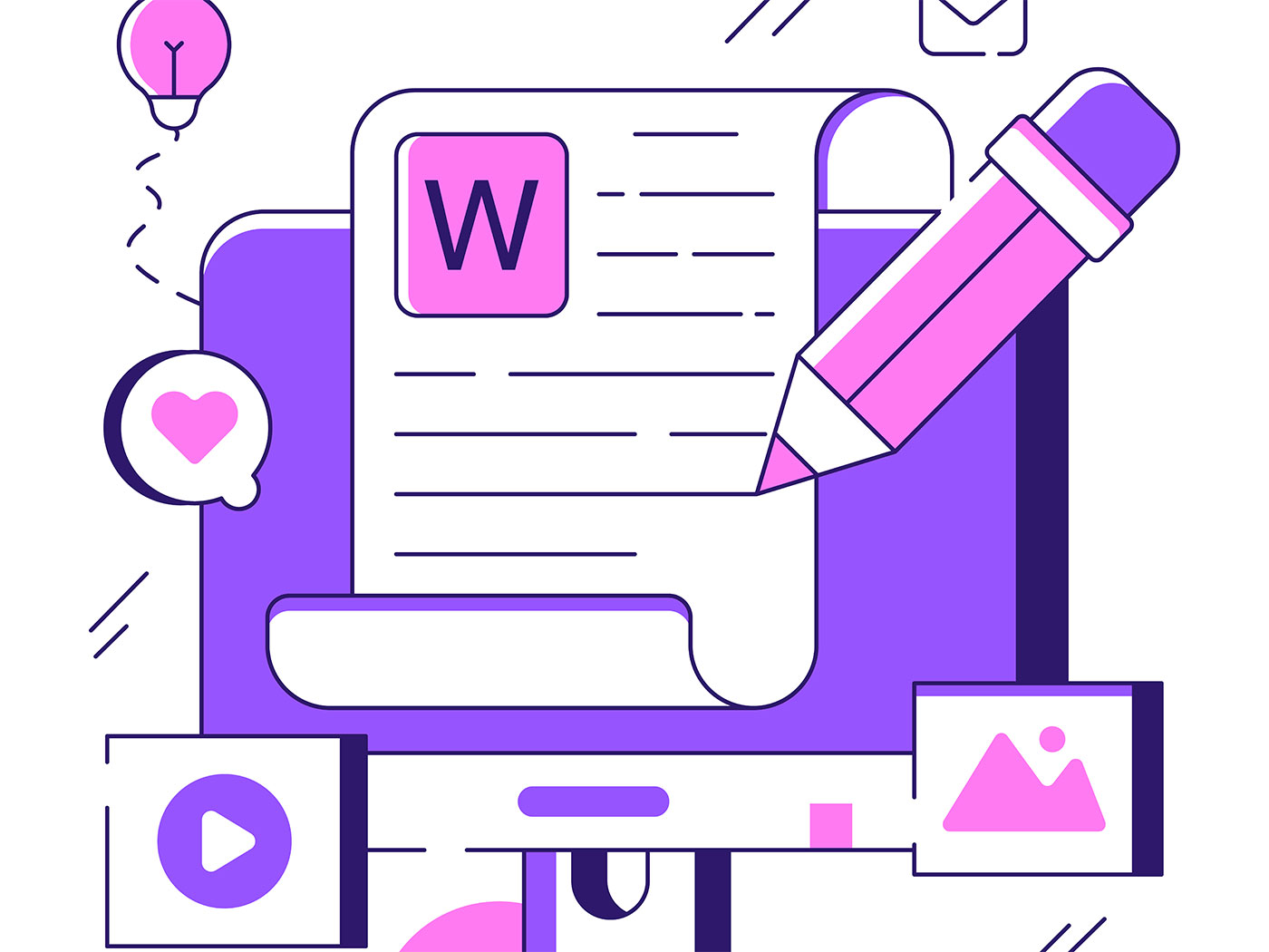 Ilustração de gráficos vetoriais em tons de roxo e rosa mostrando um grande lápis editando um documento do Word, com ícones de vídeo, foto e um balão de coração.