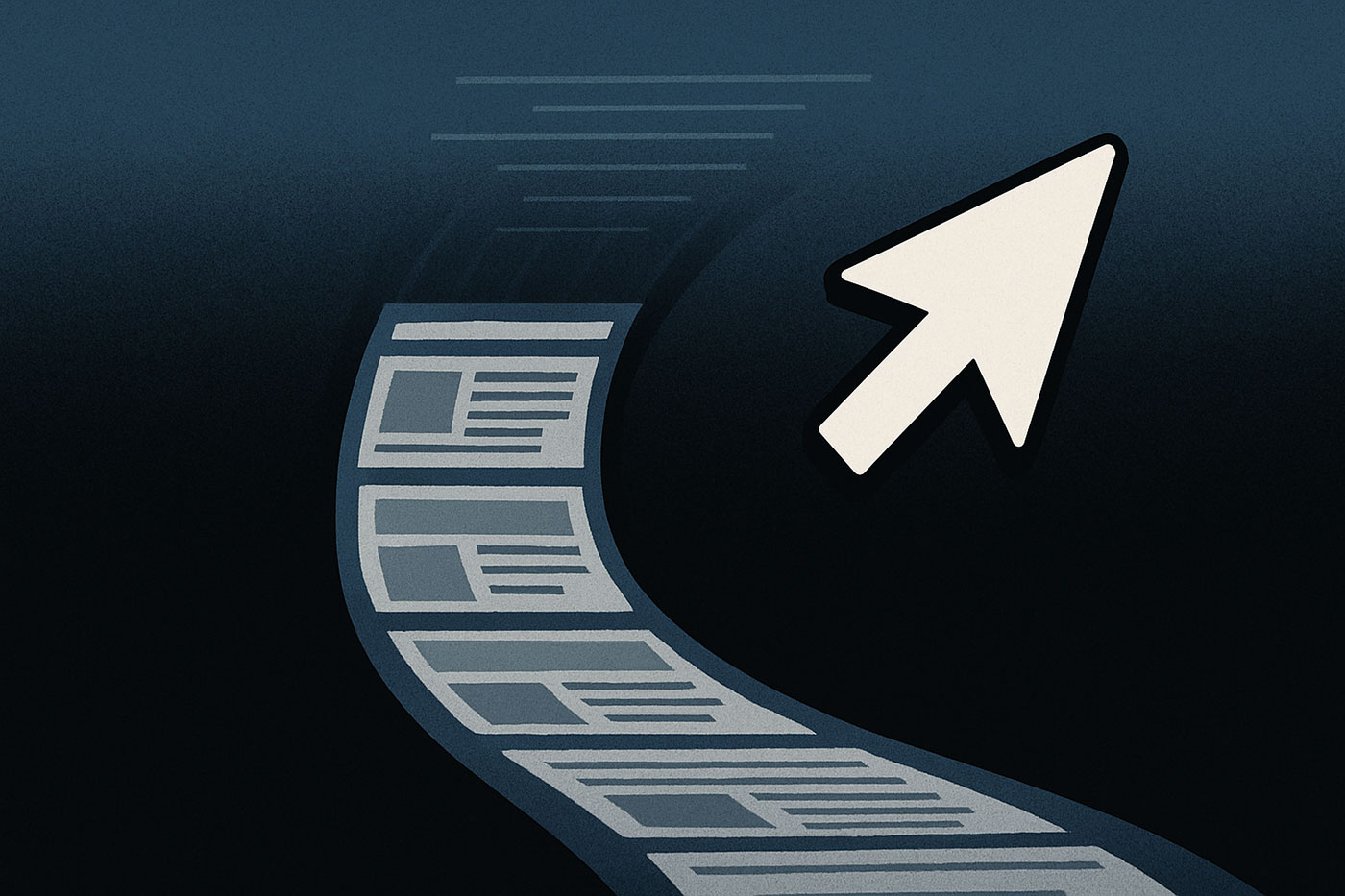 Caminho de papel com textos sobre fundo escuro aponta para um cursor de computador branco.