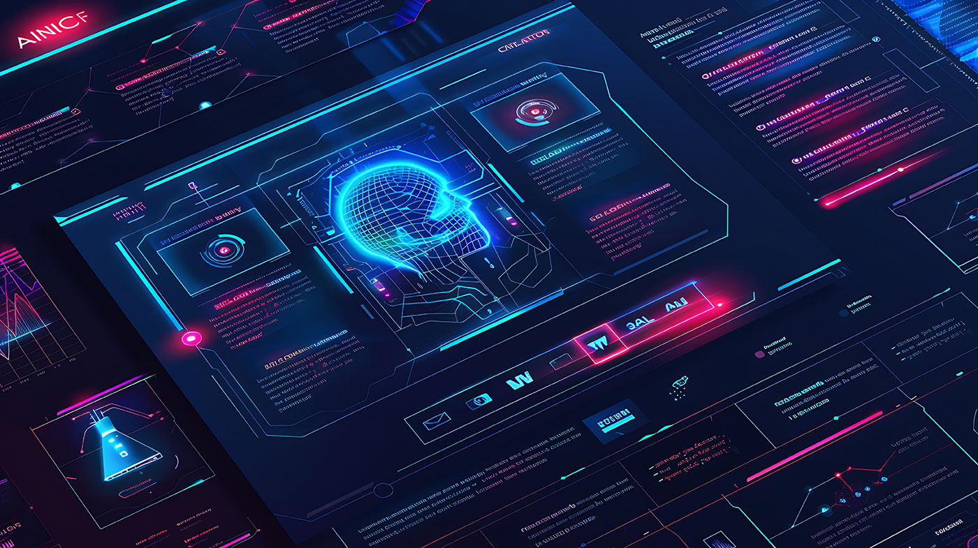 Imagem de interface futurista com gráficos de tecnologia avançada em tons de azul e rosa, destacando um globo cerebral holográfico e painéis de dados.