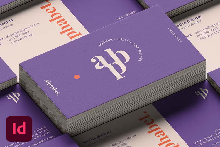 Pilha de cartões de visita em tons de roxo com logotipo branco 