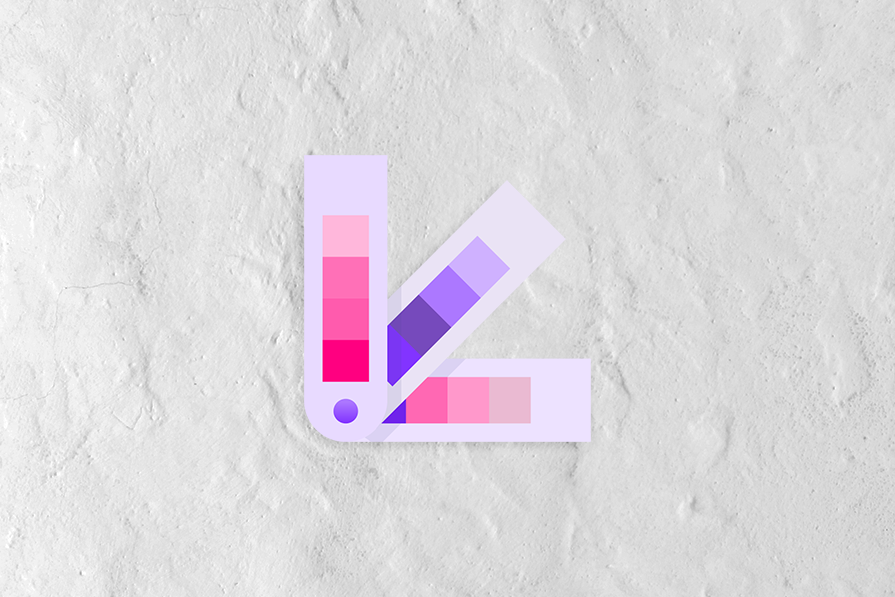 Ícones de paleta de design gráfico em tons de rosa e roxo sobre um fundo rústico e texturizado de cor clara.