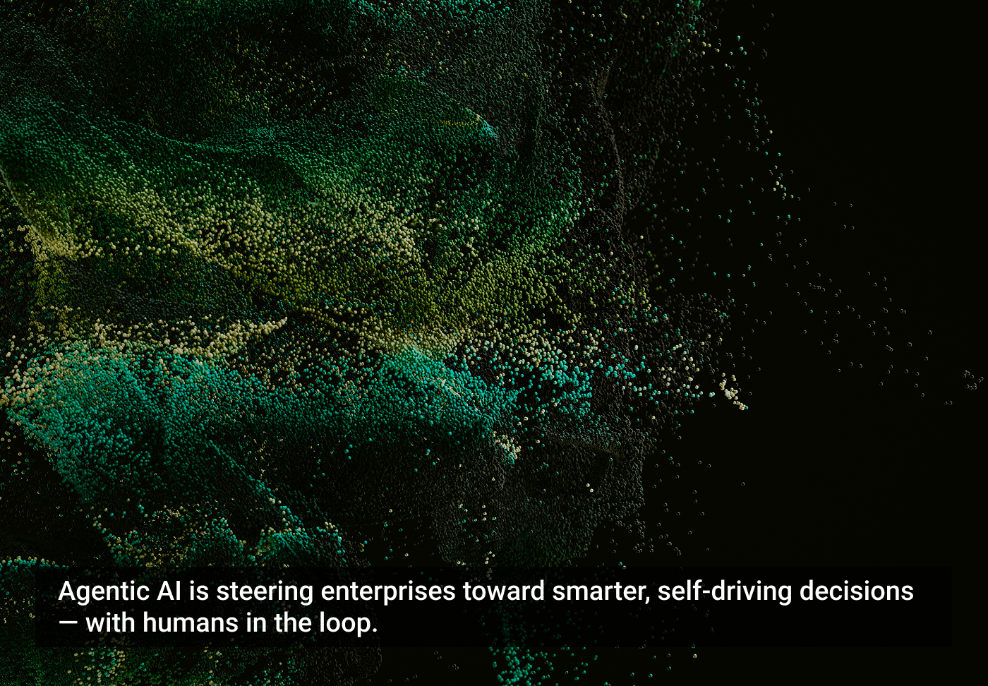 Textura de superfície escura com manchas verdes e azuis brilhantes sobre um fundo preto e texto sobre inteligência artificial.