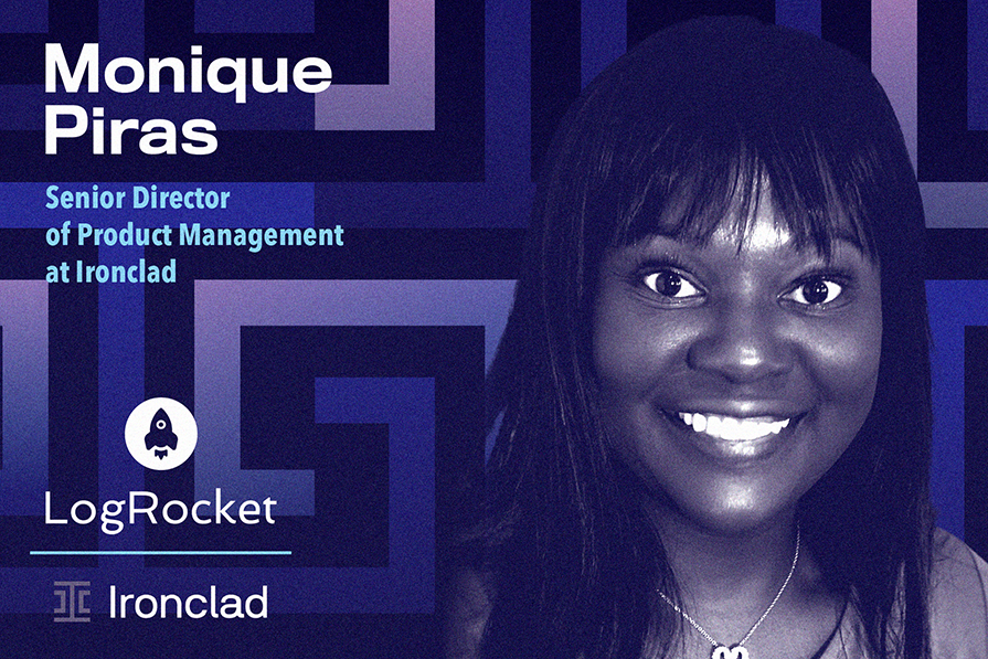 Retrato de uma mulher sorridente com o nome Monique Piras, designada como Senior Director of Product Management na Ironclad, sobre um fundo gráfico azul com logos da LogRocket e Ironclad.