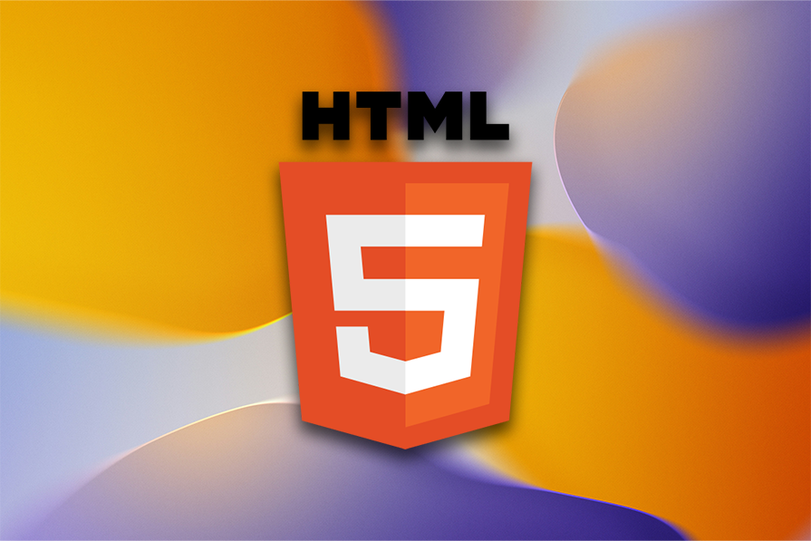 Logotipo do HTML5 em primeiro plano, sobre um fundo abstrato e colorido em tons de amarelo, laranja, azul e roxo.