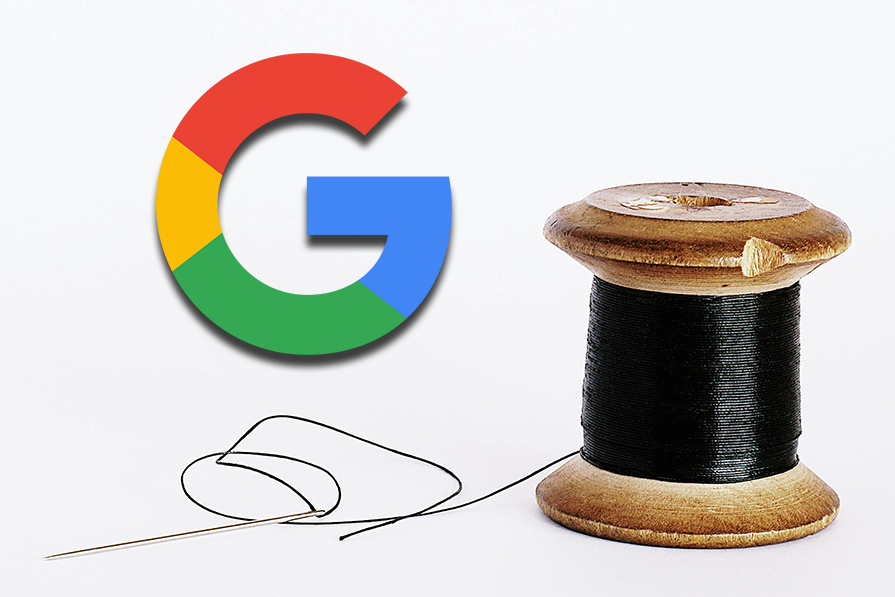 Logo colorido do Google ao lado de um carretel de madeira com linha preta e agulha, sobre fundo branco.