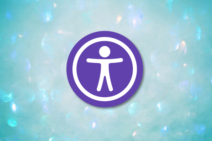 Ícone de acessibilidade com uma figura humana estilizada em branco dentro de um círculo roxo, sobre um fundo azul turquesa com efeito cintilante.