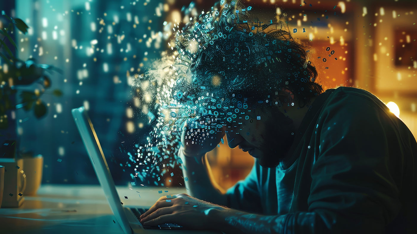 Homem em frente a um laptop, cabeça desintegrando-se em código digital, simbolizando cansaço ou estresse, com fundo desfocado iluminado.